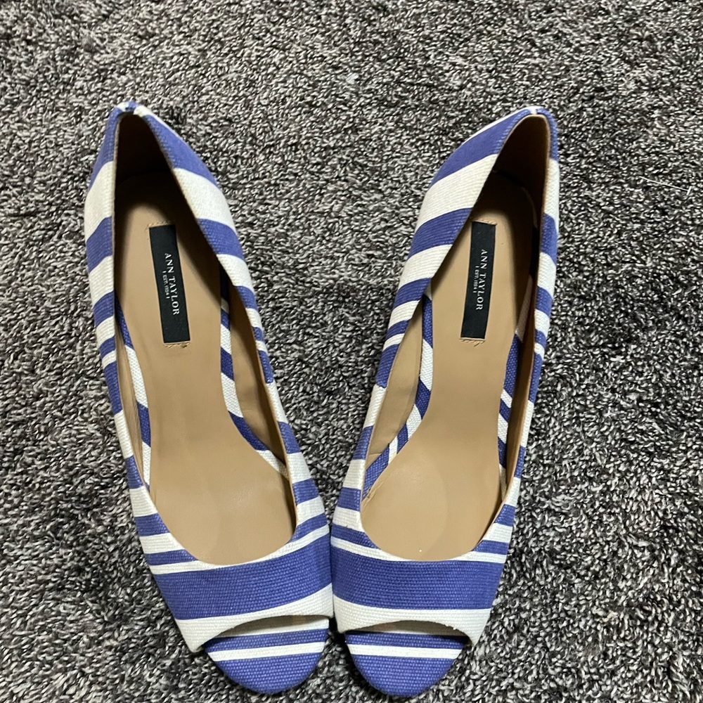 Blue and white wedge heels